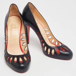 مملوكة مسبقًا حذاء كعب عالي كريستيان لوبوتان جلد أسود مقدمة مستديرة قصه ليزر مقاس 40