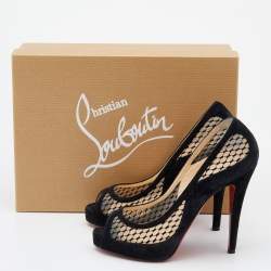Pre Owned Christian Louboutin Black Suede And Mesh Camila Peep Toe Pumps Size 36.5