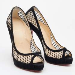 Pre Owned Christian Louboutin Black Suede And Mesh Camila Peep Toe Pumps Size 36.5