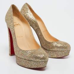 Pre Owned Christian Louboutin Gold Glitter Bibi Platform Pumps Size 37.5