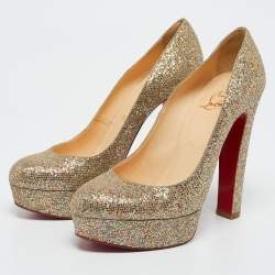 Pre Owned Christian Louboutin Gold Glitter Bibi Platform Pumps Size 37.5