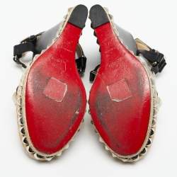 Pre Owned Christian Louboutin Black Studded Leather Cataclou Espadrille Wedge Sandals Size 37