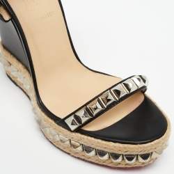 Pre Owned Christian Louboutin Black Studded Leather Cataclou Espadrille Wedge Sandals Size 37