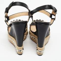 Pre Owned Christian Louboutin Black Studded Leather Cataclou Espadrille Wedge Sandals Size 37