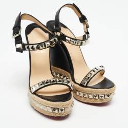 Pre Owned Christian Louboutin Black Studded Leather Cataclou Espadrille Wedge Sandals Size 37