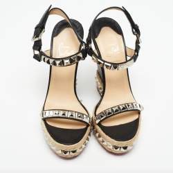 Pre Owned Christian Louboutin Black Studded Leather Cataclou Espadrille Wedge Sandals Size 37