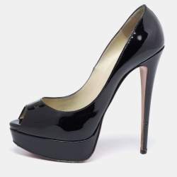 Christian Louboutin Black Patent Leather Lady Peep-Toe Pumps Size 38