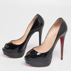 Christian Louboutin Black Patent Leather Lady Peep-Toe Pumps Size 38