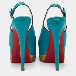 Christian Louboutin Turquoise Leather Peep-Toe Platform Slingback Sandals Size 38.5