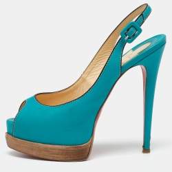 Christian Louboutin Turquoise Leather Peep-Toe Platform Slingback Sandals Size 38.5