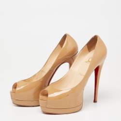 Pre Owned Christian Louboutin Beige Patent Leather New Prive Platform Pumps Size 38.5