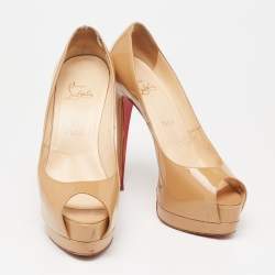 Pre Owned Christian Louboutin Beige Patent Leather New Prive Platform Pumps Size 38.5