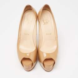 Pre Owned Christian Louboutin Beige Patent Leather New Prive Platform Pumps Size 38.5
