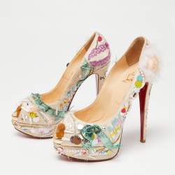 Christian Louboutin Beige Satin 'Make Up Trash' Lady Peep-Toe Pumps Size 38