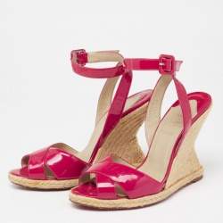Pre Owned Christian Louboutin Dark Pink Patent Leather Almeria Espadrille Wedge Sandals Size 38