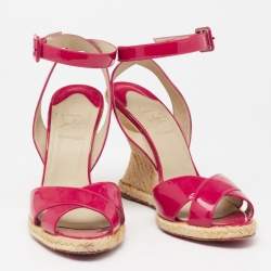 Pre Owned Christian Louboutin Dark Pink Patent Leather Almeria Espadrille Wedge Sandals Size 38
