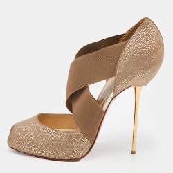 Christian Louboutin Beige Leather Elastic Cross Strap Peep Toe Sandals Size 40