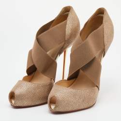 Christian Louboutin Beige Leather Elastic Cross Strap Peep Toe Sandals Size 40