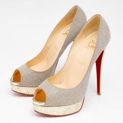 Pre Owned Christian Louboutin Metallic Gold Lamé Fabric Lady Peep Toe Platform Pumps Size 40