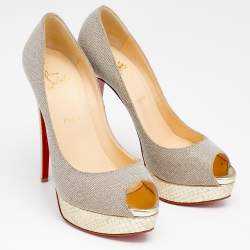 Pre Owned Christian Louboutin Metallic Gold Lamé Fabric Lady Peep Toe Platform Pumps Size 40