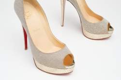Pre Owned Christian Louboutin Metallic Gold Lamé Fabric Lady Peep Toe Platform Pumps Size 40