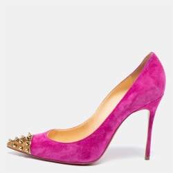 Pre Owned Christian Louboutin Pink/Bronze Suede and Leather Studded Cap-Toe Geo Pumps Size 39.5