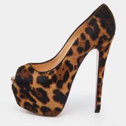 Pre Owned Christian Louboutin Biege Leopard Print Calf Hair Highness Peep Toe Platform Pumps Size 36.5