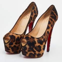 Pre Owned Christian Louboutin Biege Leopard Print Calf Hair Highness Peep Toe Platform Pumps Size 36.5