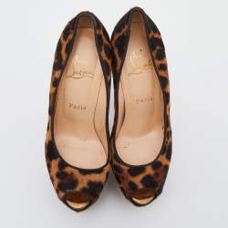Pre Owned Christian Louboutin Biege Leopard Print Calf Hair Highness Peep Toe Platform Pumps Size 36.5