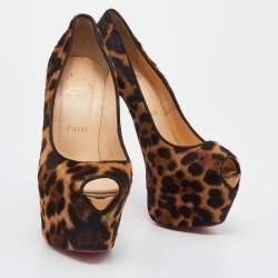 Pre Owned Christian Louboutin Biege Leopard Print Calf Hair Highness Peep Toe Platform Pumps Size 36.5