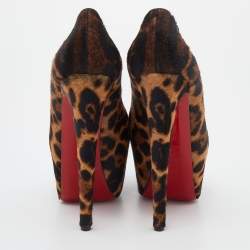Pre Owned Christian Louboutin Biege Leopard Print Calf Hair Highness Peep Toe Platform Pumps Size 36.5