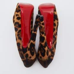 Pre Owned Christian Louboutin Biege Leopard Print Calf Hair Highness Peep Toe Platform Pumps Size 36.5