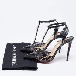 Pre Owned صندل كريستيان لوبوتان نوسي جلد لامع ومشمع بلاستيك طباعة غرافيت أسود مرصع سبايك مقاس 36