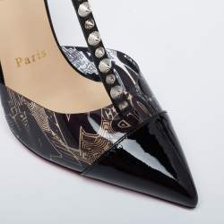 Pre Owned صندل كريستيان لوبوتان نوسي جلد لامع ومشمع بلاستيك طباعة غرافيت أسود مرصع سبايك مقاس 36