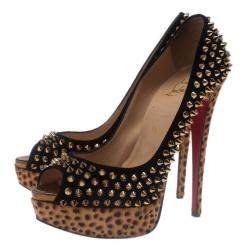 Pre Owned Christian Louboutin Black Suede Leopard Pony Hair Lady Peep Spikes Platform Pumps Size 39