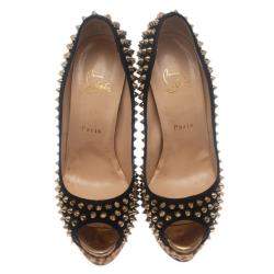 Pre Owned Christian Louboutin Black Suede Leopard Pony Hair Lady Peep Spikes Platform Pumps Size 39