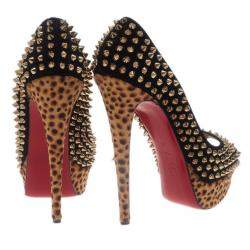 Pre Owned Christian Louboutin Black Suede Leopard Pony Hair Lady Peep Spikes Platform Pumps Size 39
