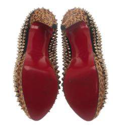 Pre Owned Christian Louboutin Black Suede Leopard Pony Hair Lady Peep Spikes Platform Pumps Size 39
