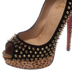 Pre Owned Christian Louboutin Black Suede Leopard Pony Hair Lady Peep Spikes Platform Pumps Size 39