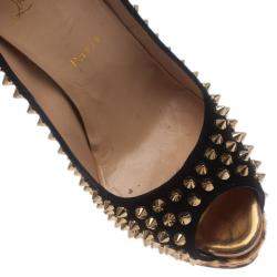 Pre Owned Christian Louboutin Black Suede Leopard Pony Hair Lady Peep Spikes Platform Pumps Size 39
