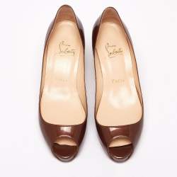 Pre Owned Christian Louboutin Metallic Brown Patent Leather Mater Claude Peep-Toe Pumps Size 36.5