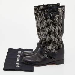 Pre Owned Christian Louboutin Black Leather Studded Buckle Detail Mid Calf Boots Size 38