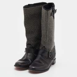 Pre Owned Christian Louboutin Black Leather Studded Buckle Detail Mid Calf Boots Size 38