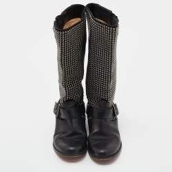Pre Owned Christian Louboutin Black Leather Studded Buckle Detail Mid Calf Boots Size 38