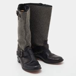 Pre Owned Christian Louboutin Black Leather Studded Buckle Detail Mid Calf Boots Size 38