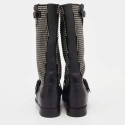 Pre Owned Christian Louboutin Black Leather Studded Buckle Detail Mid Calf Boots Size 38