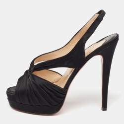 Pre Owned Christian Louboutin Black Pleated Satin Platform Slingback Sandals Size 38