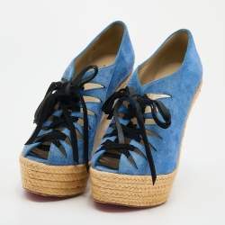 Christian Louboutin Blue/Grey Suede Lace Up Espadrille Platform Wedge Sandals Size 37