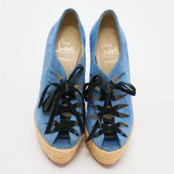 Christian Louboutin Blue/Grey Suede Lace Up Espadrille Platform Wedge Sandals Size 37