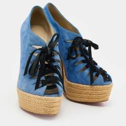 Christian Louboutin Blue/Grey Suede Lace Up Espadrille Platform Wedge Sandals Size 37